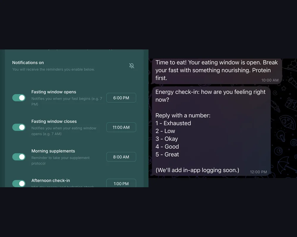 Side-by-side view of reminder settings and an automated Telegram energy check-in, with the bot name hidden